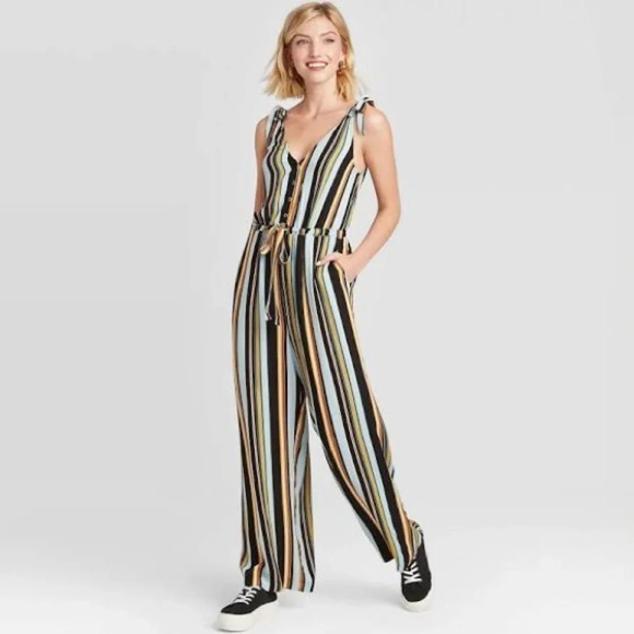 Multicolor Striped Sleeveless V-Neck Jumpsuit S - Picture 1 of 11